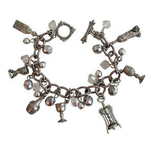 Wine Lovers Charm Bracelet Silver Tone Loaded Cork Screw Glasses Bottles Crystal